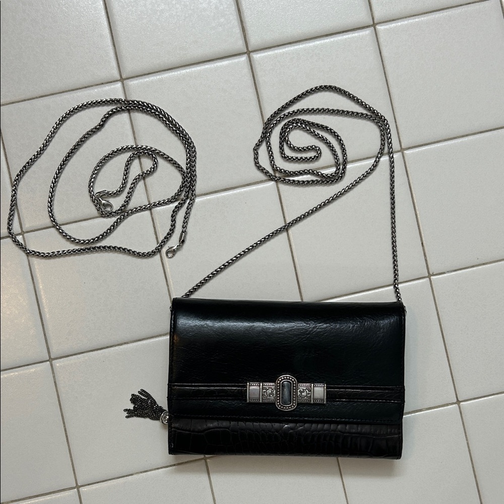 Brighton Black Leather Clutch with Silver Accents